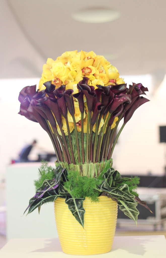 This bold yellow and black piece was designed by Denise Gehrke, AIFD of Waukesha Floral and Greenhouse.  Denise is a fabulously talented designer who I have had the great pleasure of working with on several occasions.  She is a truly talented artist who is passionate about floral design.  